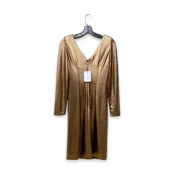 NWT Marchesa Notte Metallic V-Neck Foiled Lamé Side Pleats Dress Size 4 - Picture 7 of 10